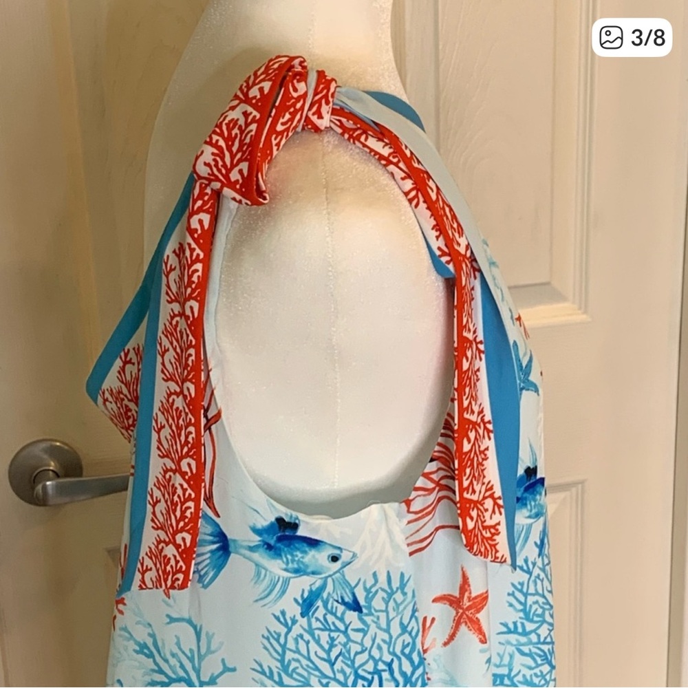 White House Black Market Coral and Blue Bath Wrap - Picture 3 of 6